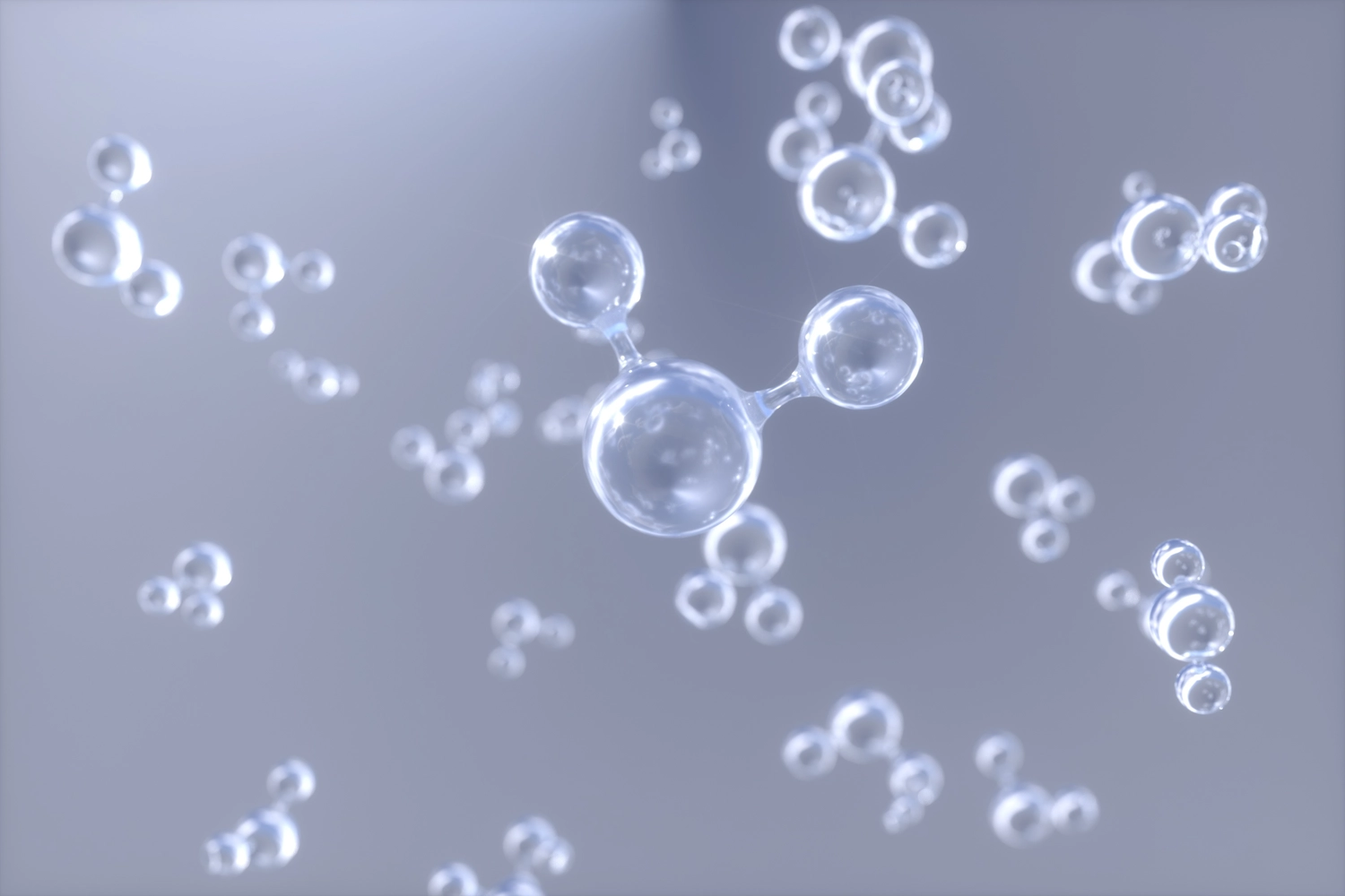 Dr. Kleanthous Kosmetik GmbH – Schönheit und Anti-Aging – Abstrakte 3D-Grafik: Glasmoleküle oder Atome. Chemie: Schwebende Partikel.